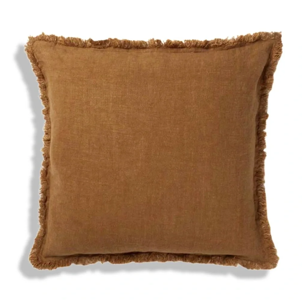 Luxury Home | Boho Chic Coffee Brown Frayed Trim Linen Throw Pillow Cover